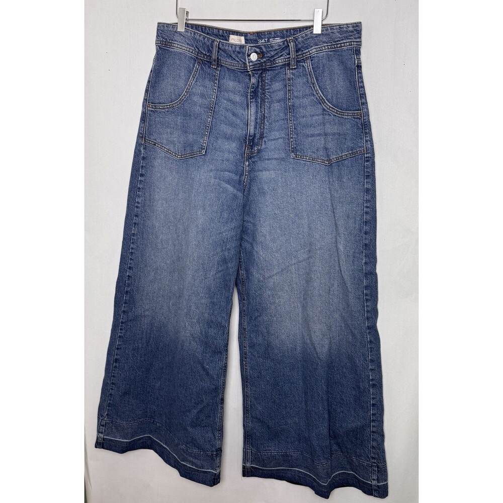 ANTHROPOLOGIE PILCRO Ultra High Rise Wide leg Jeans Retro Blue Denim Soft 34 T